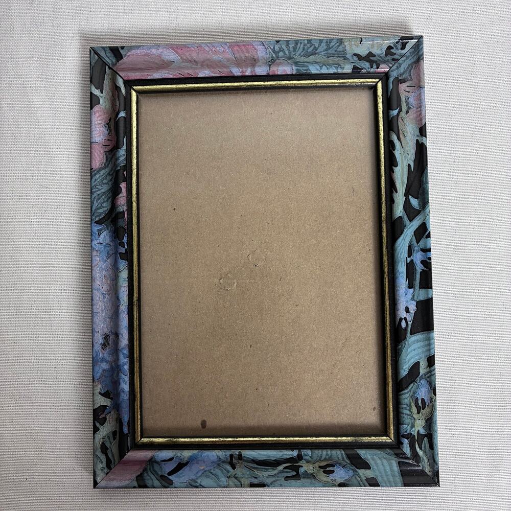 Vintage Whimsigoth Picture Frame 5x7 90s Moody Floral Slate Blue Pink Gold Trim